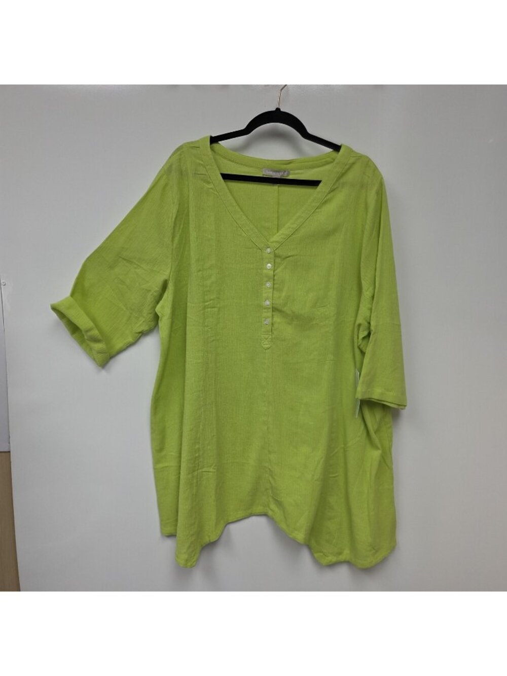 Woman Within Shirt Womens 22/24 1X Green Henley 3/4 Sleeve Tunic Top Cotton
